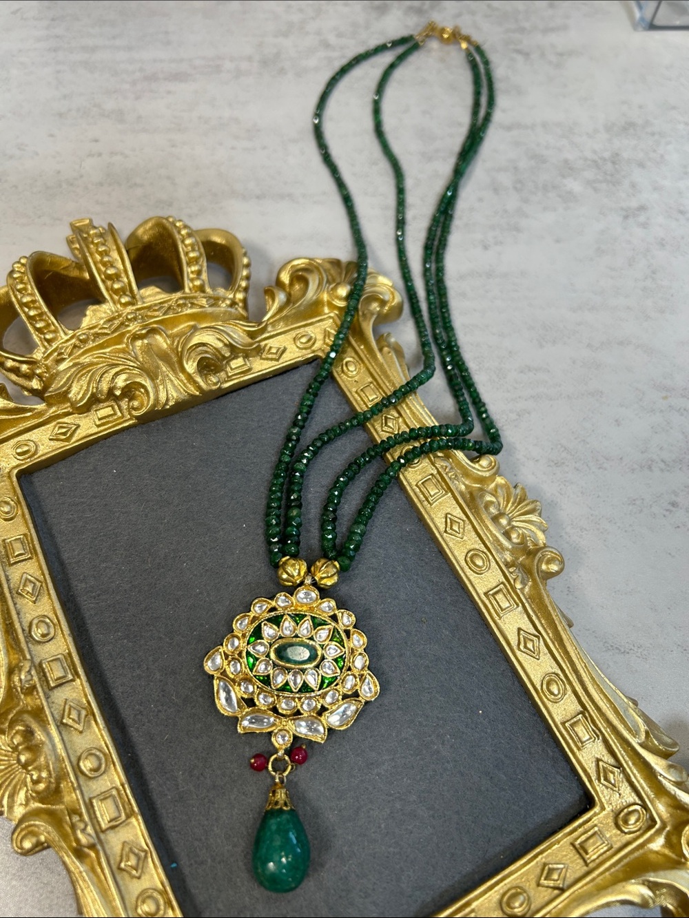 Green Gemstone Necklace with Gold Floral Pendant